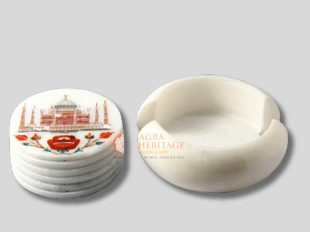 White Round Marble Coaster Set Taj Mahal Inlay Floral